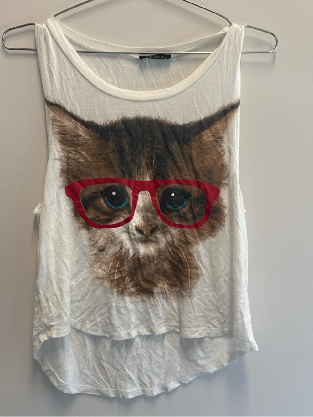 Cat Graphic Tank Top with Red Glasses - White